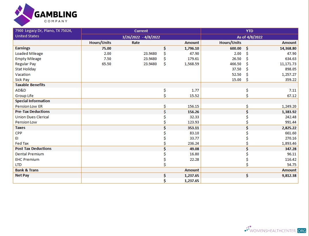 Download gambling company pay stub template in Word and PDF formats Photoshop template